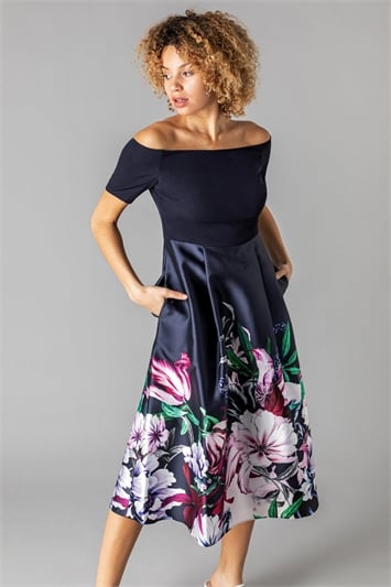 Navy Bardot Floral Fit & Flare Dress