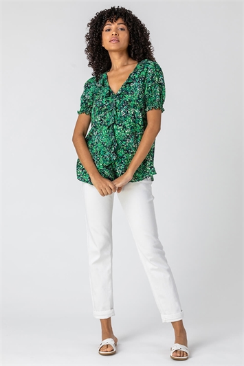 Green Floral Print Frill Detail Blouse, Image 3 of 5