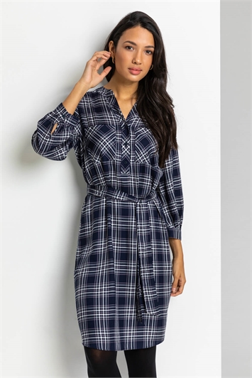 Roman Check Print Shirt Dress in Navy Female 16