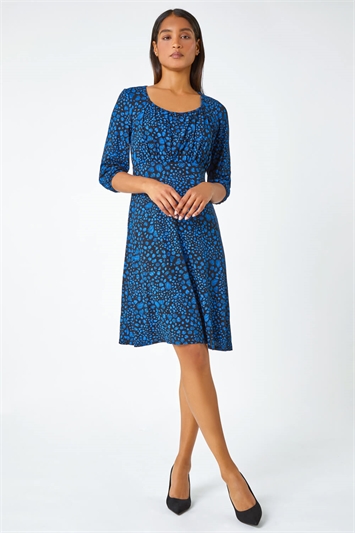 Blue Abstract Spot Print Stretch Dress