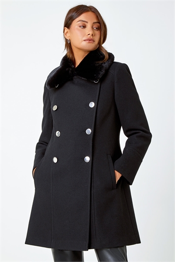 Black Double Breasted Faux Fur Collar Coat
