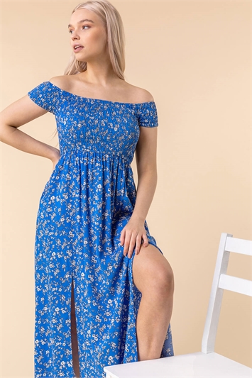 Blue Shirred Ditsy Floral Print Bardot Dress, Image 5 of 5