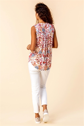 Red Paisley Floral Print Sleeveless Top, Image 2 of 4