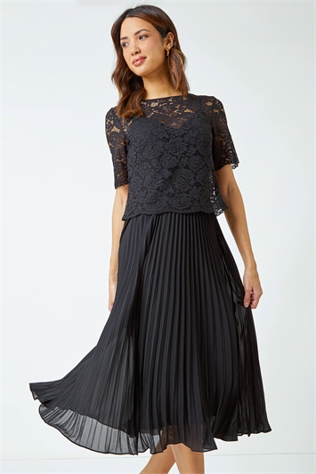 Black Lace Top Overlay Pleated Midi Dress