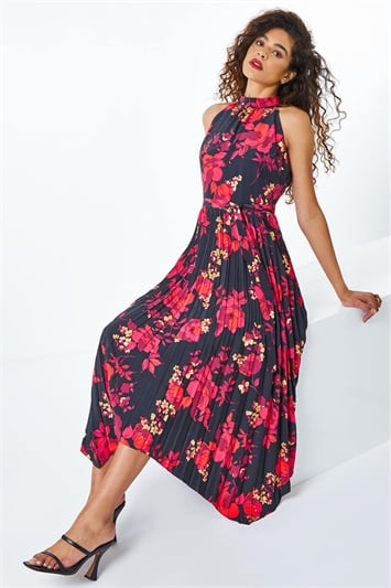 Red Floral Pleated Halter Neck Midi Dress