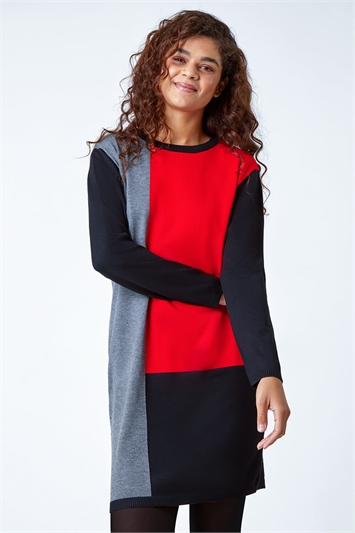 Red Colour Block Knitted Jumper Dress