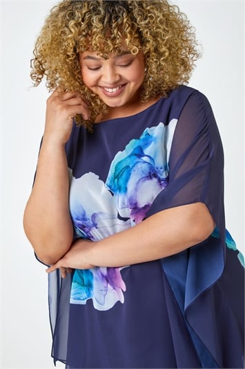 Blue Curve Floral Chiffon Overlay Top