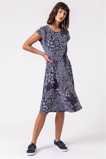 Navy Ditsy Floral Print Jersey Dress, Image 3 of 4
