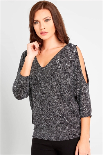 Sparkle Cold Shoulder Blouson Top in Black - Roman Originals UK