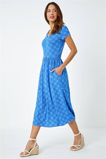 Blue Tile Print Midi Stretch Dress