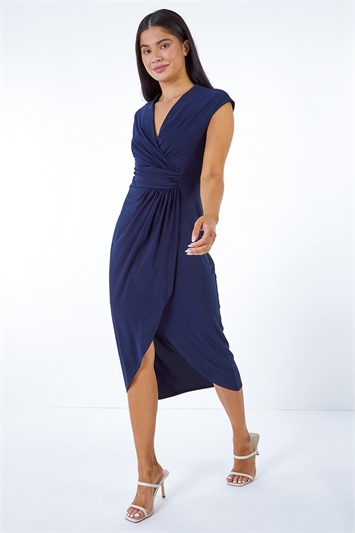 Navy Petite Ruched Wrap Midi Dress, Image 2 of 5