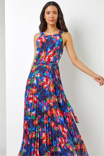 Navy Floral Print Pleated Maxi Dress