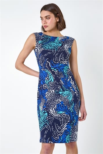 Blue Textured Wave Print Shift Stretch Dress
