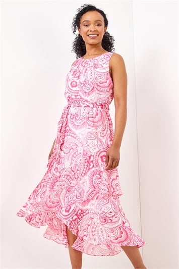 Pink Petite Paisley Print Dipped Frill Hem Dress, Image 1 of 4