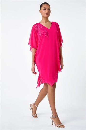 Pink Embellished Cold Shoulder Overlay Dress