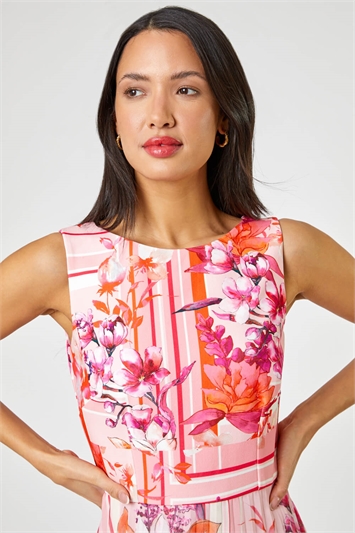 Pink Floral Print Fit And Flare Pleated Dress, Image 4 of 4
