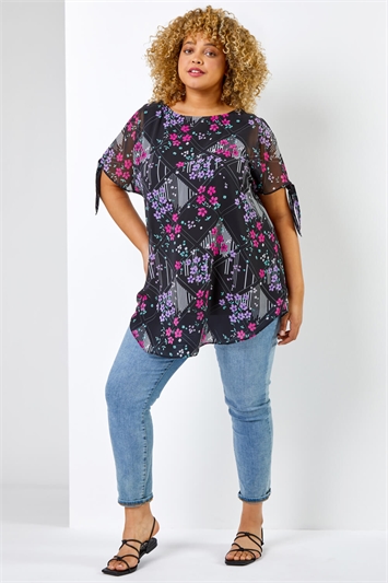 Black Curve Floral Print Chiffon Overlay Top, Image 3 of 5