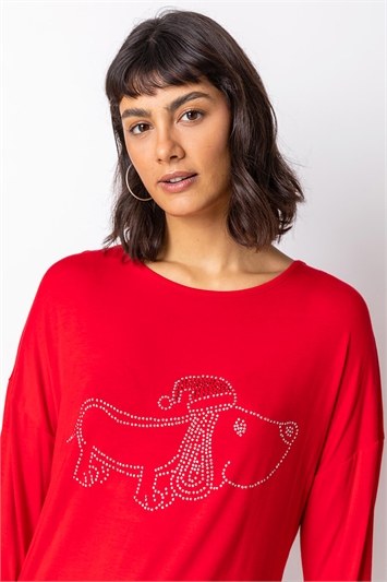 Red Christmas Dog Motif Jersey Top, Image 4 of 4