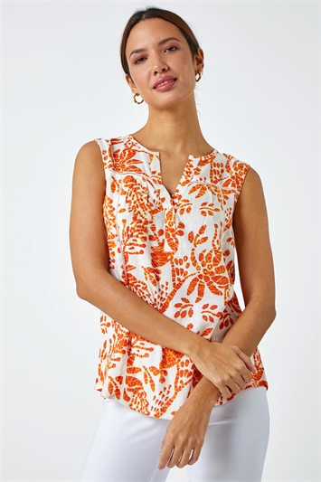 Orange Sleeveless V-Neck Floral Print Vest
