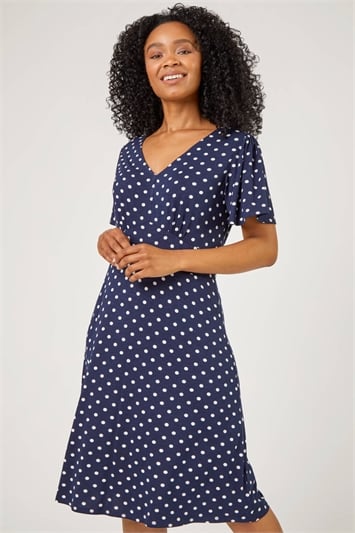 Navy Petite Spot Print Stretch Jersey Dress , Image 1 of 4