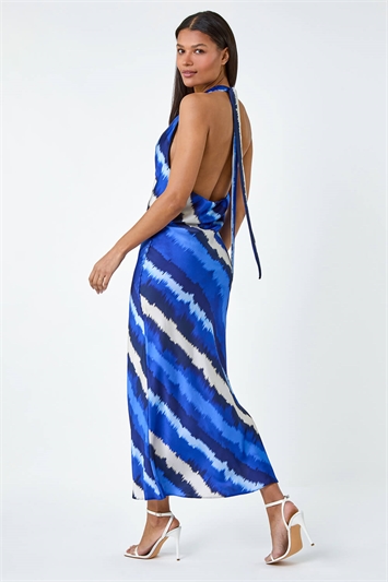 Blue Stripe Print Satin Bias Cut Dress