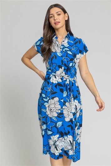 Blue Floral Print Belted Shirt Dress