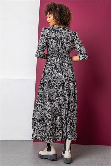 Black Floral Print Shirred Waist Maxi Dress, Image 2 of 5