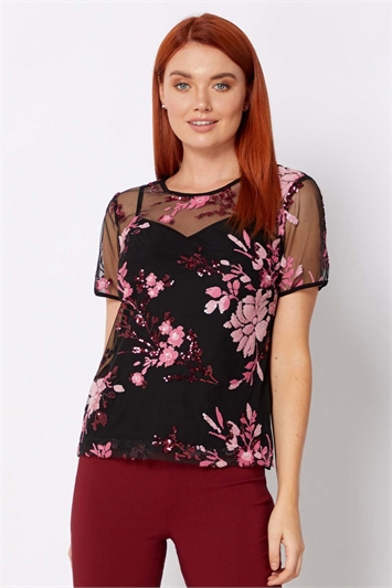 Pink Floral Mesh Embroidered Top
