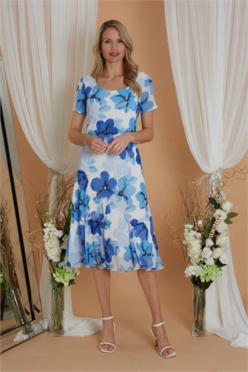 Blue Julianna Floral Chiffon Print Bias Cut Dress