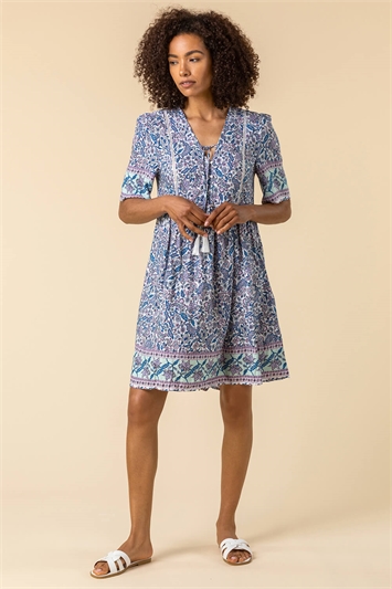 Blue Floral Border Print Tea Dress, Image 3 of 5