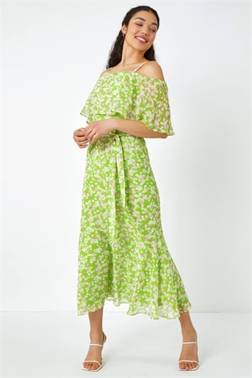 Green Spot Print Overlay Chiffon Maxi Dress