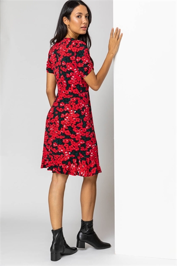 Red Floral Print Stretch Jersey Tea Dress, Image 2 of 5