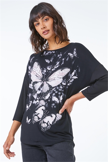 Black Butterfly Print Embellished Top, Image 4 of 5