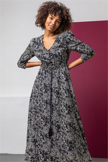 Black Floral Print Shirred Waist Maxi Dress, Image 3 of 5