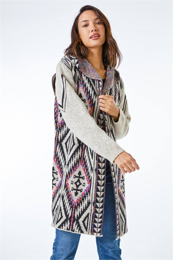 Natural Aztec Hooded Longline Cardigan, Image 4 of 5