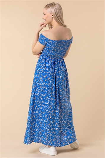 Blue Shirred Ditsy Floral Print Bardot Dress, Image 3 of 5