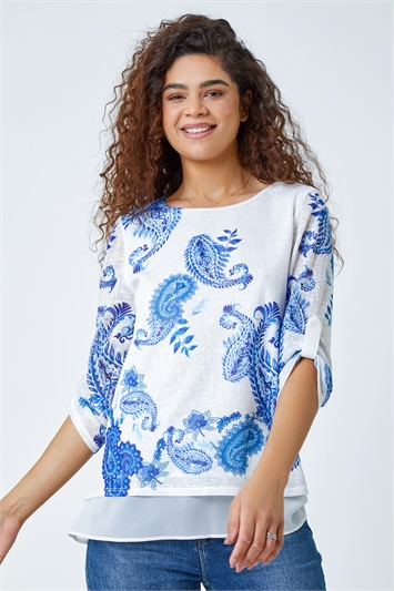 Blue Paisley Print Double Layer Top