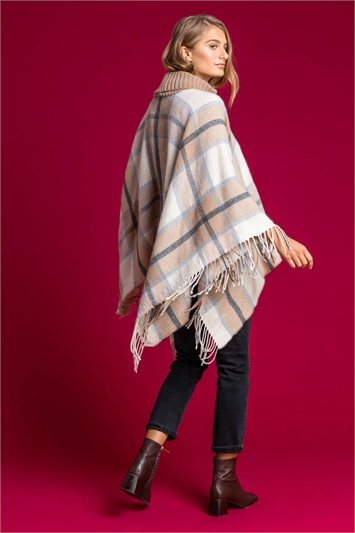 Check Knit Fringed Hem Poncho in Natural - Roman Originals UK