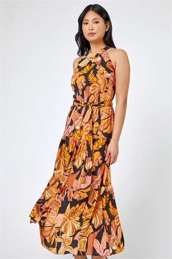 Rust Petite Floral Print Tiered Dress, Image 3 of 5