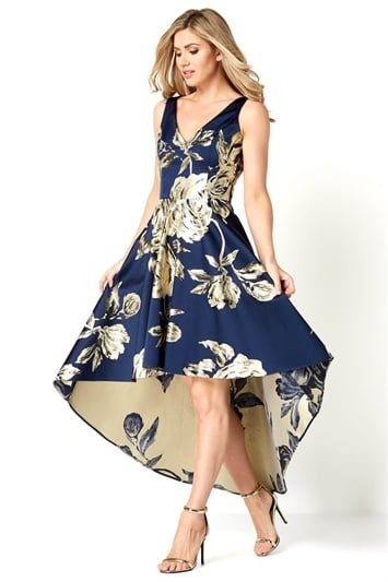 Navy Jacquard Rose Gown Dress