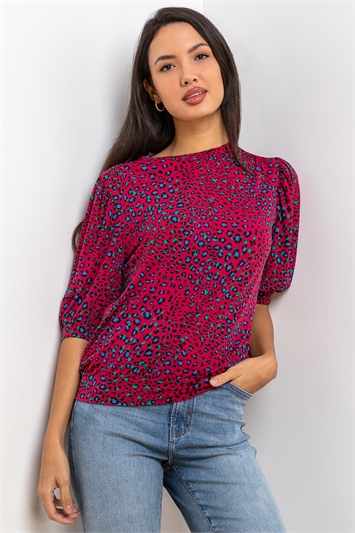 Red Contrast Animal Print Shirred Top