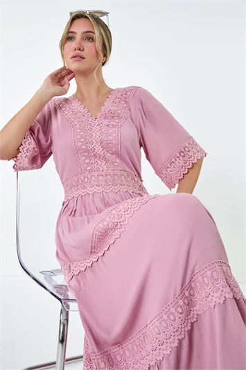 Pink Tiered Lace Detail Maxi Dress
