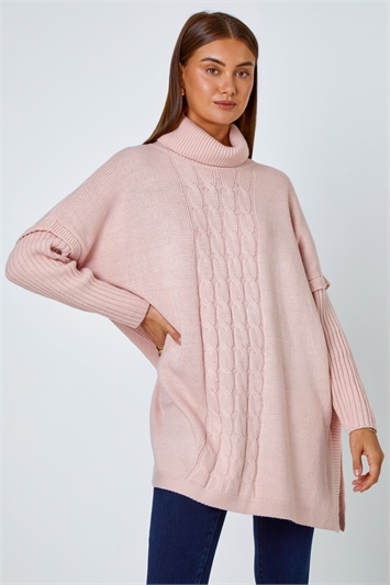 Multi Cable Knit Roll Neck Poncho Jumper