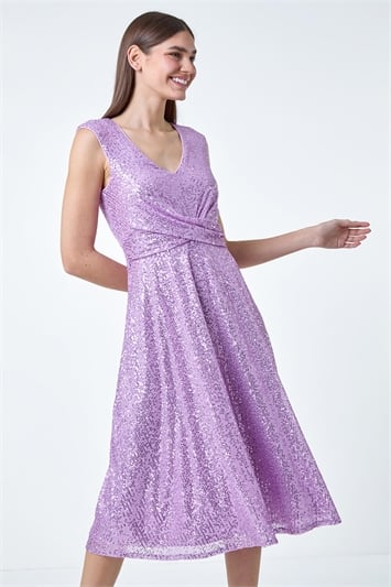 Purple Sequin Wrap Detail Midi Dress