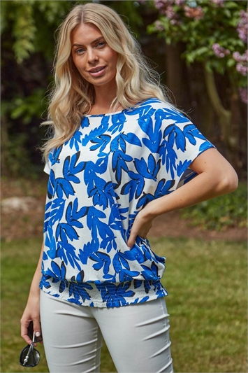 Blue Shirred Hem Tropical Floral Print T-Shirt