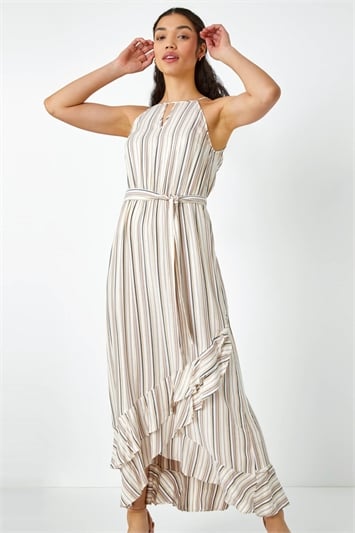 White Stripe Print Frill Detail Maxi Dress