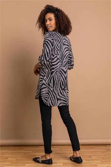 Taupe Zebra Print Button Tunic Top, Image 2 of 4