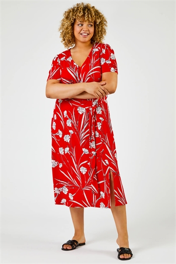 Red Curve Floral Print Fit And Flare Midi Dress, Image 3 of 5