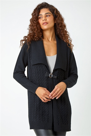 Black Longline Collared Cable Knit Cardigan