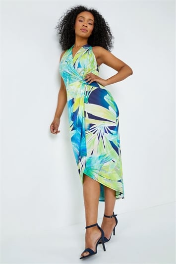 Green Petite Tropical Ruched Wrap Maxi Dress
